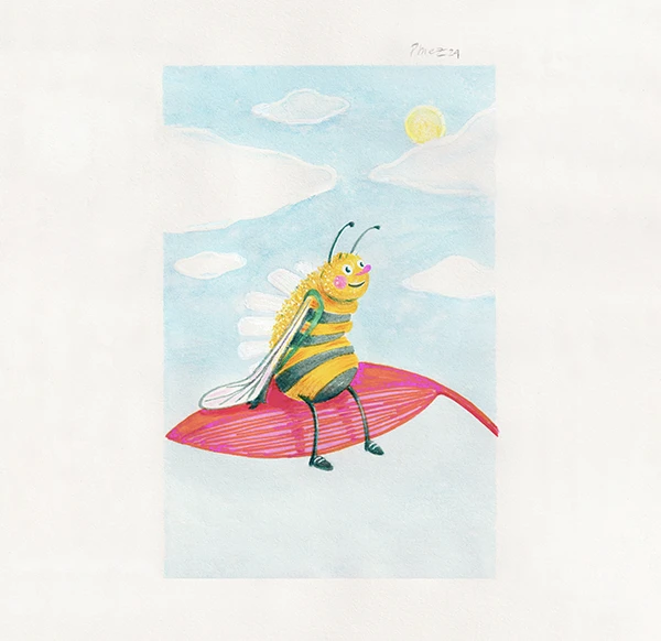 Abeja montada sobre una hoja voladora en el cielo