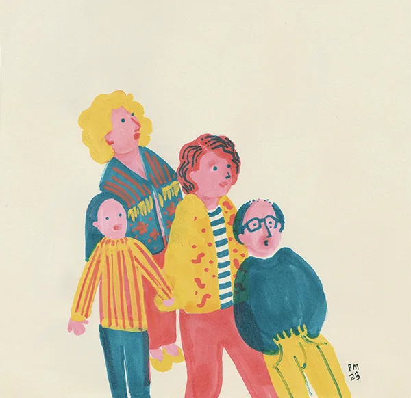 Retrato de familia pintado en gouache con colores rosa y amarillo