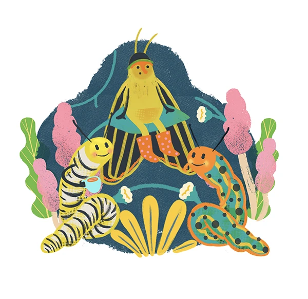 Criaturas amarillas y orugas entre plantas y flores