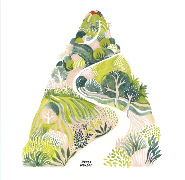Montaña pintada en acuarela con verdes y rosas