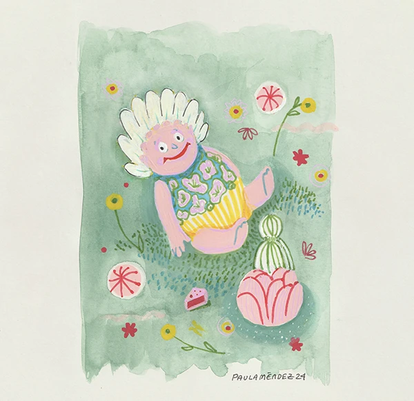 Personaje sentado entre flores comiendo pastel, pintado en acuarela