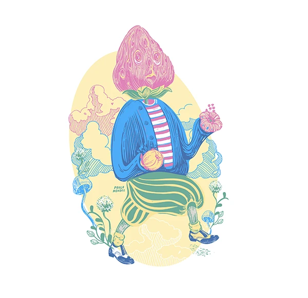 Personaje con cabeza de fresa entre hojas y flores