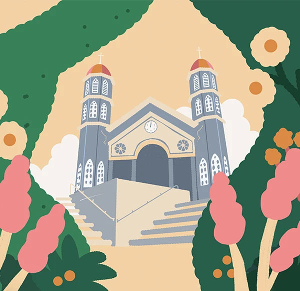 Iglesia de Zarcero entre topiarios rosados y verdes